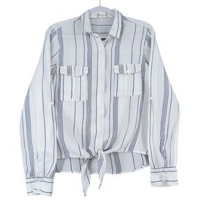 Altar'd State White Blue Stripe Linen Rayon Blend Button Front Tie Shirt Top S
